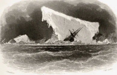 Statek rozbity na górze lodowej, grawerowany przez J. McGoffin, tytułowa ilustracja z „Arctic Explorations in the Years 1853, 54, 55”, tom I, autorstwa doktora Elisha Kent Kane